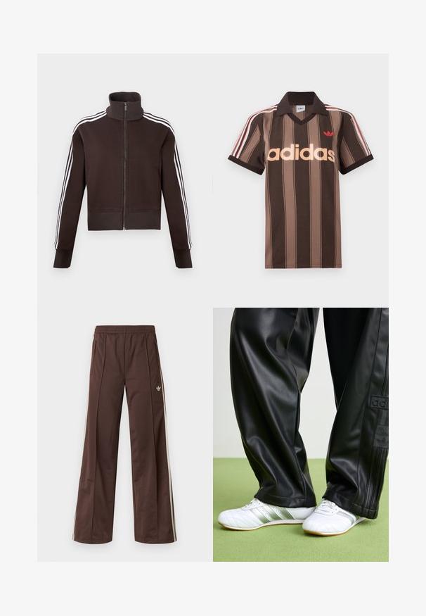Brun lynlåsjakke med høj krave, der har hvide side striber og ribstrikkede manchetter og kant. Blødt stof med en tætsiddende pasform.; Brunstribet Adidas polo-shirt med V-hals, bordeaux krave og rødt logo. Har hvide og røde skulderstriber samt korte ærmer.; Brune atletiske bukser med vidde ben, hvide striber på siden, elastisk linning og to sidelommer. Har et lille logo på benet.; Sorte faux leather bukser med en løs pasform, der har en glat overflade og sidelister. Sammen med hvide sneakers med sølvdetaljer.