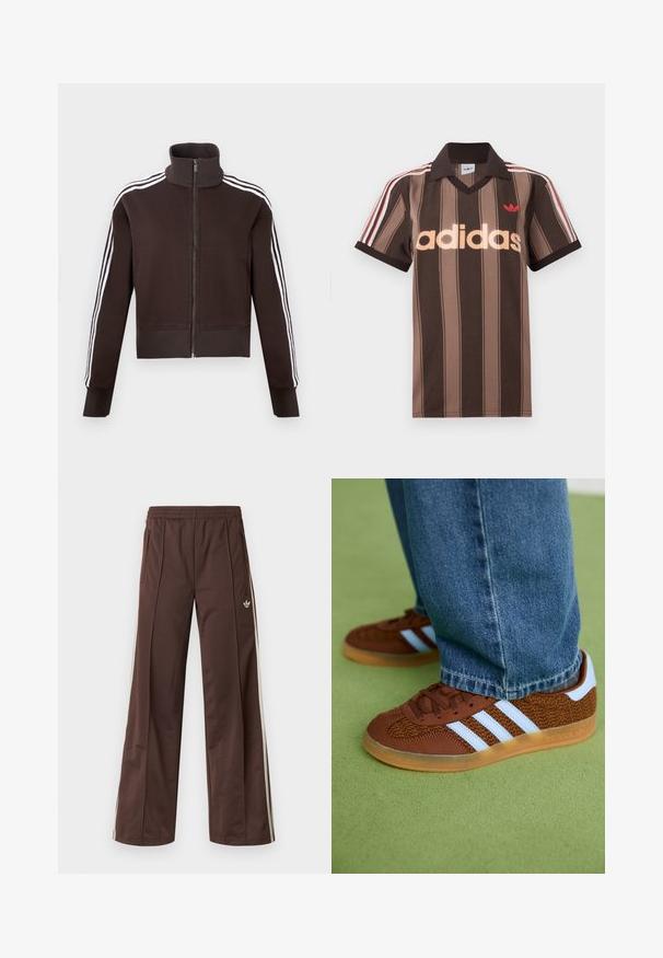 Brun lynlåsjakke med høj krave, der har hvide side striber og ribstrikkede manchetter og kant. Blødt stof med en tætsiddende pasform.; Brunstribet Adidas polo-shirt med V-hals, bordeaux krave og rødt logo. Har hvide og røde skulderstriber samt korte ærmer.; Brune atletiske bukser med vidde ben, hvide striber på siden, elastisk linning og to sidelommer. Har et lille logo på benet.; Brune Adidas sneakers med hvide striber og gummisåler, båret med blå jeans på grøn tæppe.