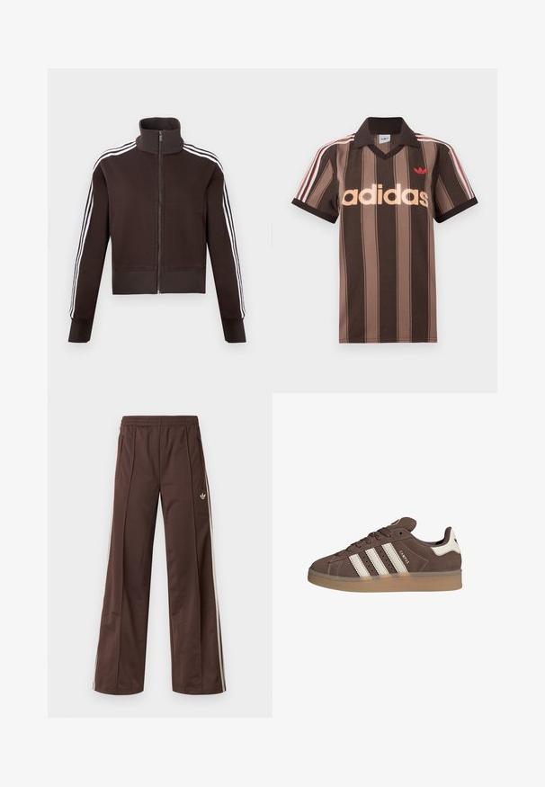 Chaqueta marrón con cremallera y cuello alto, con rayas laterales blancas y puños y dobladillo acanalados. Tejido suave con un diseño ajustado.; Polo Adidas marrón con rayas, cuello en V, cuello burdeos y logo rojo. Presenta rayas blancas y rojas en los hombros, mangas cortas.; Pantalones deportivos marrones con diseño de pierna ancha, franjas laterales blancas, cintura elástica y dos bolsillos laterales. Presentan un pequeño logo en la pierna.; Zapatilla de ante marrón con detalles en cuero blanco y tres rayas blancas. Presenta una puntera redonda y una suela de goma. Logotipo en el lateral.