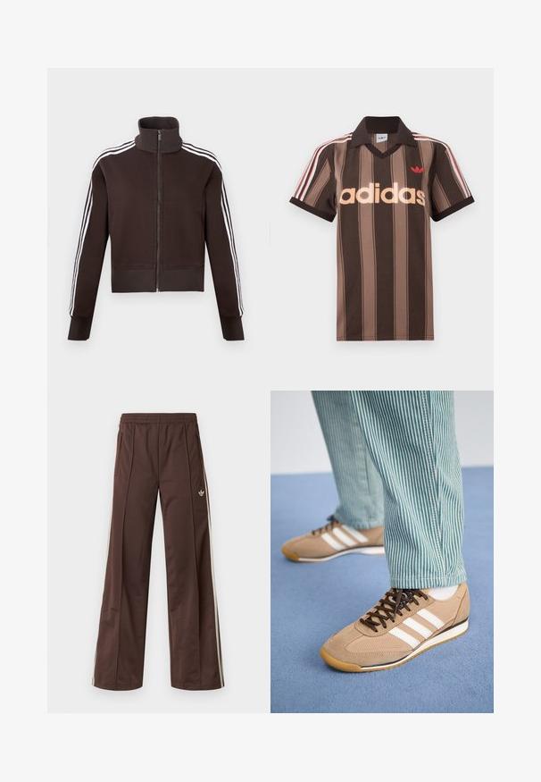 Brun lynlåsjakke med høj krave, der har hvide side striber og ribstrikkede manchetter og kant. Blødt stof med en tætsiddende pasform.; Brunstribet Adidas polo-shirt med V-hals, bordeaux krave og rødt logo. Har hvide og røde skulderstriber samt korte ærmer.; Brune atletiske bukser med vidde ben, hvide striber på siden, elastisk linning og to sidelommer. Har et lille logo på benet.; Tan ruskind og mesh sneakers med brune snørebånd og tre hvide striber. Parret med grønne og hvide stribede bukser, hviler på en blå overflade.