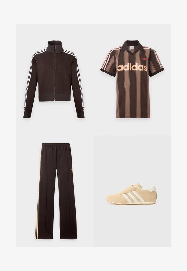 Brun lynlåsjakke med høj krave, der har hvide side striber og ribstrikkede manchetter og kant. Blødt stof med en tætsiddende pasform.; Brunstribet Adidas polo-shirt med V-hals, bordeaux krave og rødt logo. Har hvide og røde skulderstriber samt korte ærmer.; Sorte træningsbukser med gule sidelister, elastisk taljebånd, lynlåslommer i siderne og en lille logo på den øvre lår.; Brune og creme atletiksko med overdel i glat læder, tre hvide striber på siden og en rund tå. Tekstureret overdel med perforeringer.