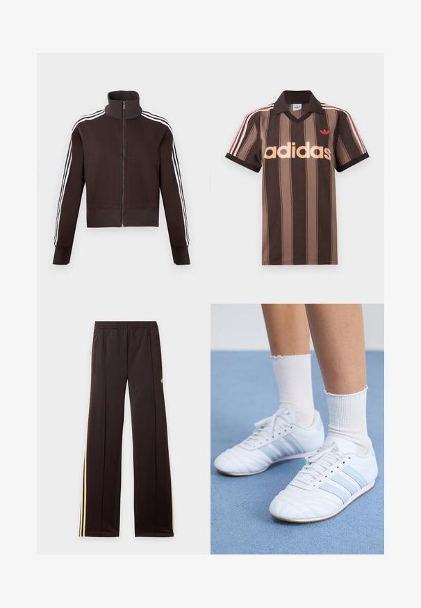 Brun lynlåsjakke med høj krave, der har hvide side striber og ribstrikkede manchetter og kant. Blødt stof med en tætsiddende pasform.; Brunstribet Adidas polo-shirt med V-hals, bordeaux krave og rødt logo. Har hvide og røde skulderstriber samt korte ærmer.; Sorte træningsbukser med gule sidelister, elastisk taljebånd, lynlåslommer i siderne og en lille logo på den øvre lår.; Hvide lædersportssko med lyseblå striber, struktureret tåhætte og hvide ankelstrømper. Vist på en blå tæppeoverflade.
