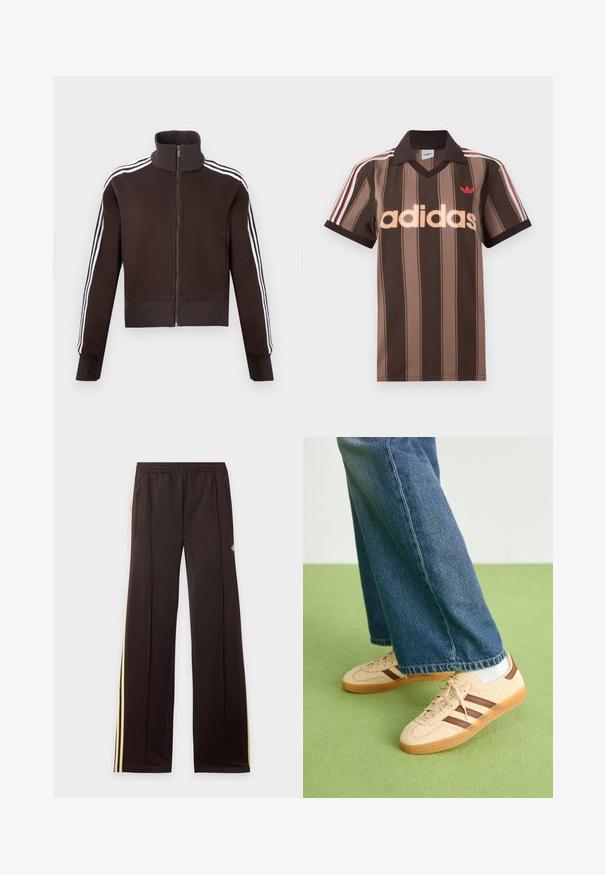 Brun lynlåsjakke med høj krave, der har hvide side striber og ribstrikkede manchetter og kant. Blødt stof med en tætsiddende pasform.; Brunstribet Adidas polo-shirt med V-hals, bordeaux krave og rødt logo. Har hvide og røde skulderstriber samt korte ærmer.; Sorte træningsbukser med gule sidelister, elastisk taljebånd, lynlåslommer i siderne og en lille logo på den øvre lår.; Beige sneakers med teksturerede cremefarvede paneler og brune striber, parret med blå denim jeans. Jeansene har brede ben og en frynset kant.