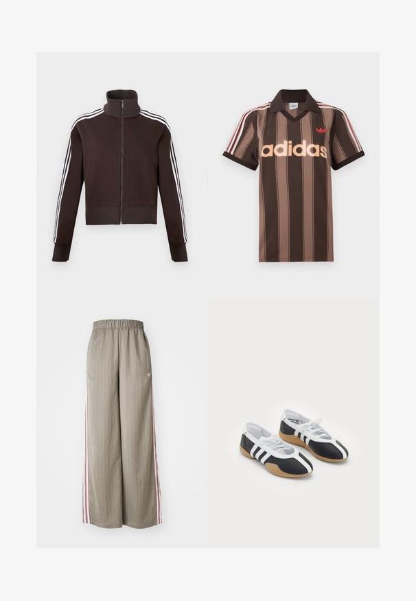 Brun lynlåsjakke med høj krave, der har hvide side striber og ribstrikkede manchetter og kant. Blødt stof med en tætsiddende pasform.; Brunstribet Adidas polo-shirt med V-hals, bordeaux krave og rødt logo. Har hvide og røde skulderstriber samt korte ærmer.; Lyse olivengrønne bløde bukser med brede ben og lodrette striber, elastisk talje og lyserøde sidelister. Har et lille logo på hoften.; Sort-hvide sportsko med et slankt design, gummisål, snørebåndslukning og tre hvide striber på siden.
