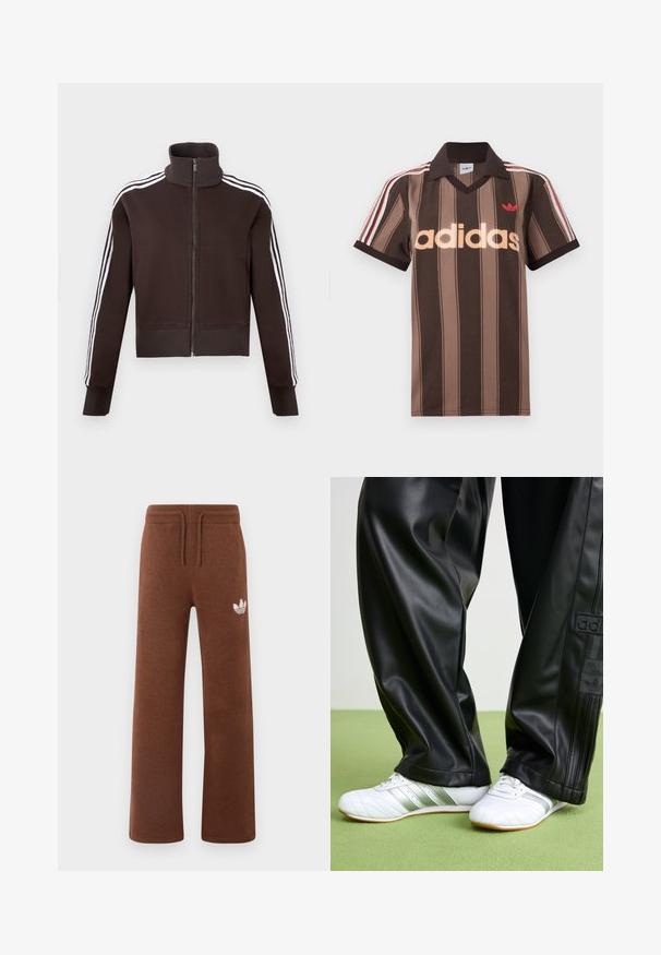 Bruine jas met ritssluiting en hoge kraag, voorzien van witte strepen aan de zijkanten en geribbelde boorden aan de mouwen en zoom. Zachte stof met een getailleerd ontwerp.; Bruine gestreepte Adidas polo met V-hals, bordeauxrode kraag en rood logo. Heeft witte en rode schouderstrepen, korte mouwen.; Bruine sweatpants van zacht materiaal met een relaxte pasvorm, voorzien van een elastische tailleband, koord en een wit logo op de linker dij.; Zwarte faux leren broek met een losse pasvorm, voorzien van een gladde textuur en zijstrepen. Gepaarde met witte sneakers met zilveren accenten.