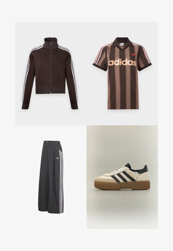 Ruskea vetoketjullinen takki, jossa on korkea kaulus, valkoiset sivuraidat sekä resorireunukset hihoissa ja helmassa. Pehmeä kangas ja istuva malli.; Ruskearaidallinen Adidas-pikeepaita, jossa on V-aukko, viininpunainen kaulus ja punainen logo. Paidassa on valkoiset ja punaiset olkapääraidat sekä lyhyet hihat.; Mustat leveälahkeiset housut, joissa pieni valkoinen ruutukuosi, valkoiset sivuraidat, nappi- ja vetoketjusuljin sekä Adidas-logo vasemmassa lantiolla.; Valkoinen Adidas-tennari mustilla raidoilla, beige mokkanahkainen kärki, ruskea pohja ja sivulla kultaisin kirjaimin "SPEZIAL".