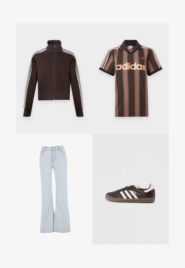 Brun lynlåsjakke med høj krave, der har hvide side striber og ribstrikkede manchetter og kant. Blødt stof med en tætsiddende pasform.; Brunstribet Adidas polo-shirt med V-hals, bordeaux krave og rødt logo. Har hvide og røde skulderstriber samt korte ærmer.; Lyseblå udsvingende jeans lavet af denim med høj talje, fem lommer og kontrasterende syninger langs sømmene.; Mørkebrune lædersneakers med hvidt tre-stribet design, en gummisål og "Samba" i gyldne bogstaver på siden. Klassisk lavtopform.