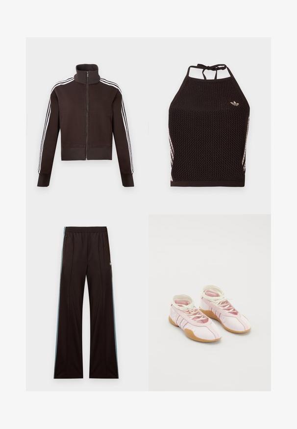 Brun lynlåsjakke med høj krave, der har hvide side striber og ribstrikkede manchetter og kant. Blødt stof med en tætsiddende pasform.; Sort mesh halter crop top med tekstureret design. Har pink accentstriber og en lille logo foran. Lukning med bånd bagpå.; Sorte løse bukser med lyseblå sidelommer, elastisk talje, lynlås på lommerne og Adidas-logo på venstre hofte.; Lyserøde lærredssko med en blød overflade, der har snørebåndsdesign og en gummisål. Dekorative detaljer og tre striber på siden.