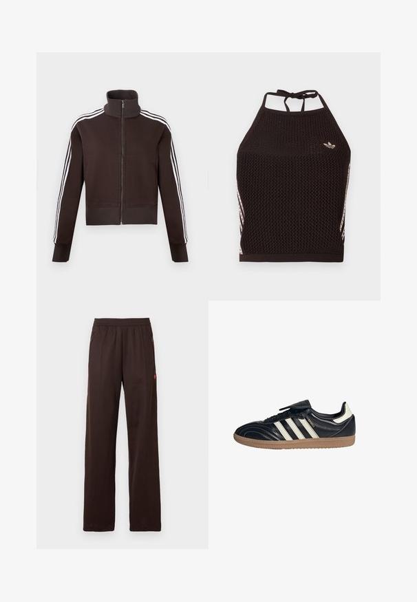 Brun lynlåsjakke med høj krave, der har hvide side striber og ribstrikkede manchetter og kant. Blødt stof med en tætsiddende pasform.; Sort mesh halter crop top med tekstureret design. Har pink accentstriber og en lille logo foran. Lukning med bånd bagpå.; Mørkebrune bukser med vidde ben, elastisk talje og sidelommer med lynlås, med diskret rødt logodetalje på øverste lår.; Sorte lædersneakers med tre hvide striber, en polstret tunge og en gummirubbersål, der har stikninger og et strømlinet design.