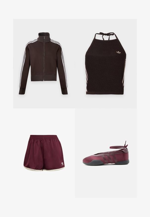 Brun lynlåsjakke med høj krave, der har hvide side striber og ribstrikkede manchetter og kant. Blødt stof med en tætsiddende pasform.; Sort mesh halter crop top med tekstureret design. Har pink accentstriber og en lille logo foran. Lukning med bånd bagpå.; adidas Originals SPRINTER - Shorts - maroon cream white; Burgunderfarvet balletsko med sort sål, elastiske ankelstropper bundet i sløjfe og syninger på siderne, vist fra ydersiden.