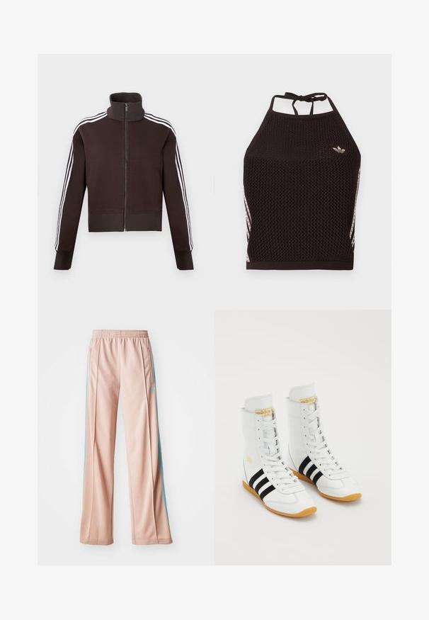 Brun lynlåsjakke med høj krave, der har hvide side striber og ribstrikkede manchetter og kant. Blødt stof med en tætsiddende pasform.; Sort mesh halter crop top med tekstureret design. Har pink accentstriber og en lille logo foran. Lukning med bånd bagpå.; Lyserøde sportspants med afslappet pasform, der har blå sidestriber og en snoretræk i taljen. Fremstillet af glat, letvægtsstof.; Hvide høje sneakers lavet af læder, med tre sorte striber, hvide snørebånd og en gummirubbersål. Guld-logo accent på tungen.