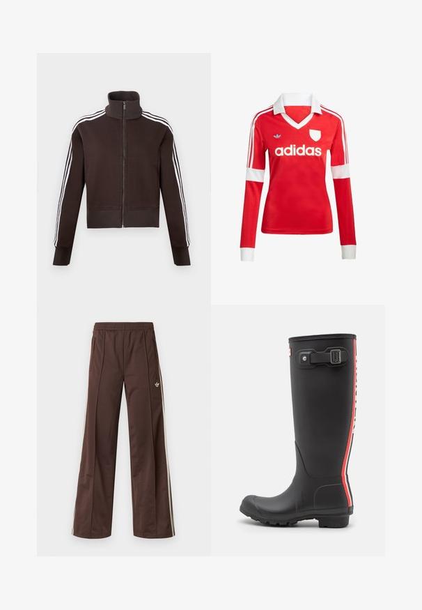 Bruine jas met ritssluiting en hoge kraag, voorzien van witte strepen aan de zijkanten en geribbelde boorden aan de mouwen en zoom. Zachte stof met een getailleerd ontwerp.; Rode lange mouwen voetbalshirt met een witte kraag en manchetten. Heeft drie witte strepen op de schouders en het "adidas" logo prominent weergegeven.; Bruine sportbroek met een wijd uitlopende pijp, witte zijstrepen, een elastische tailleband en twee zijzakken. Heeft een klein logo op het been.; Zwarte rubberen regenlaars met een getextureerd oppervlak, hoog ontwerp, verticale strepen in rood en wit, verstelbare riem en gespdetail.
