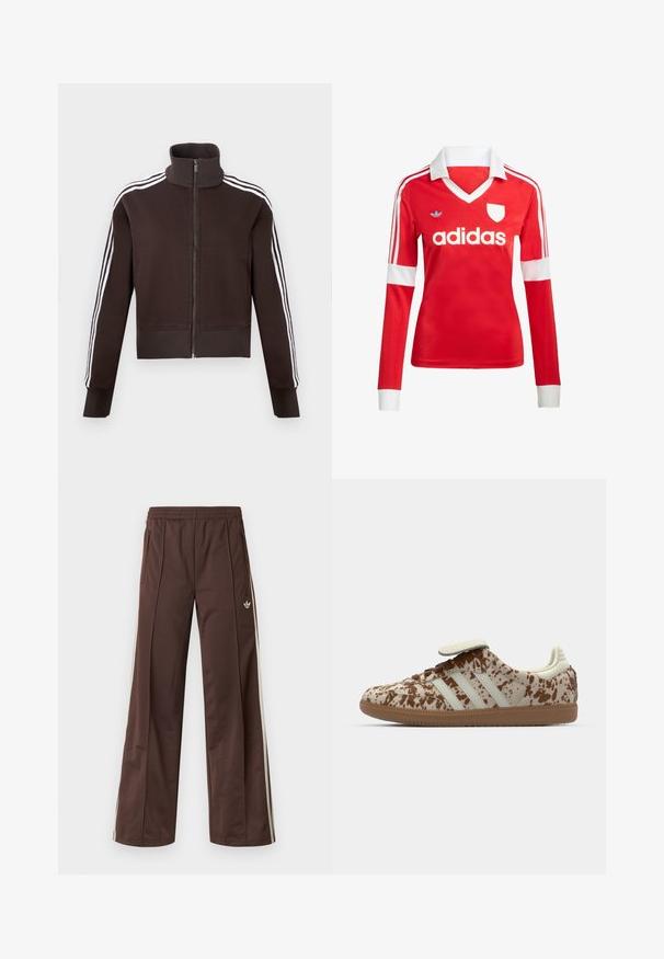 Hnedá bunda na zips s vysokým golierom, s bielymi bočnými pruhmi a rebrovanými manžetami a lemom. Mäkká tkanina s priliehavým strihom.; Červený futbalový dres s dlhým rukávom a bielym golierom a manžetami. Na ramenách sú tri biele pruhy a výrazne zobrazené logo "adidas".; Hnedé športové nohavice so širokým strihom nohavíc, bielymi bočnými pásmi, elastickým pásom a dvoma bočnými vreckami. Na nohavici je malá značka.; Tenisky s béžovo-hnedým škvrnitým vzorom, ktorá má tri biele pruhy, suchý zips a hnedú gumovú podrážku.