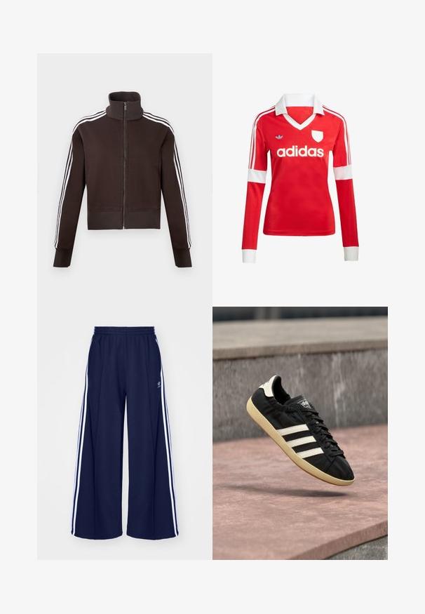 Brun lynlåsjakke med høj krave, der har hvide side striber og ribstrikkede manchetter og kant. Blødt stof med en tætsiddende pasform.; Rød langærmet fodboldtrøje med hvid krave og manchetter. Har tre hvide striber på skuldrene og "adidas" logoet fremtrædende vist.; adidas Originals PANT - Træningsbukser - night indigo; Sort Adidas sneaker med hvide striber og beige sål, fanget i luften over en stenet overflade og baggrund af en stenmur.