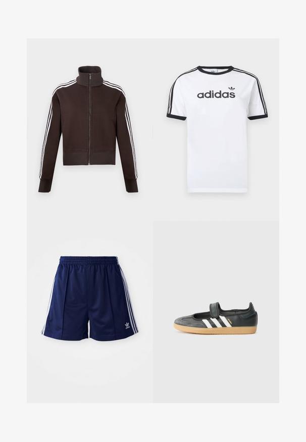 Brun lynlåsjakke med høj krave, der har hvide side striber og ribstrikkede manchetter og kant. Blødt stof med en tætsiddende pasform.; Hvid bomulds-T-shirt med sorte detaljer, har rundt halsudskæring, korte ærmer, tre sorte striber på skuldrene og adidas-logo i sort.; Marine atletikshorts lavet af letvægtsmateriale, med hvide sidelister og et broderet logo nederst til venstre. Elastisk talje.; Sort læder- og ruskinds sneakers med en Velcro-rem, der har tre hvide striber og en gummisål, mærket "SAMBA" på siden.