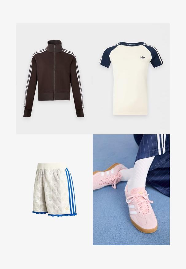 Chaqueta marrón con cremallera y cuello alto, con rayas laterales blancas y puños y dobladillo acanalados. Tejido suave con un diseño ajustado.; Camisa de manga corta color crema con mangas raglán en azul marino, rayas blancas en las mangas y un pequeño logo negro de Adidas en el pecho.; Pantalones cortos blancos texturizados con franjas laterales azules, cintura acanalada, dobladillo azul ondulado y pequeño logo dorado en el lateral inferior.; Zapatillas de suéd de color rosa claro con rayas y cordones blancos, que presentan una lengüeta texturada y una suela de goma, colocadas sobre una alfombra azul.