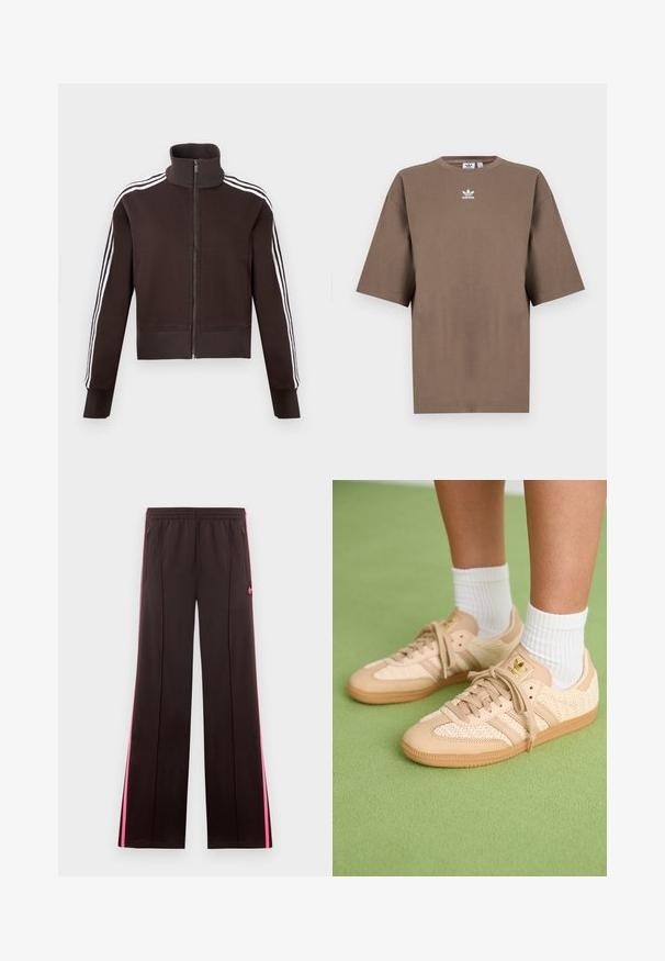Brun lynlåsjakke med høj krave, der har hvide side striber og ribstrikkede manchetter og kant. Blødt stof med en tætsiddende pasform.; Brun bomulds t-shirt med korte ærmer, rund hals og hvid Adidas-logo centreret på brystet, som har et enkelt design og en afslappet pasform.; Sorte atletikbukser med lyserøde sidelister, elastisk talje, lynlåslommer og Adidas-logo på venstre lår.; Fødder iført beige vævede Adidas sneakers med gummisåler og hvide ankelsokker på en grøn struktureret gulv.