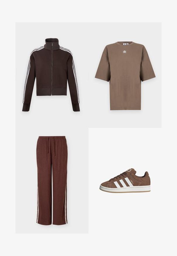 Bruine jas met ritssluiting en hoge kraag, voorzien van witte strepen aan de zijkanten en geribbelde boorden aan de mouwen en zoom. Zachte stof met een getailleerd ontwerp.; Bruine katoenen t-shirt met korte mouwen, ronde hals en wit Adidas-logo gecentreerd op de borst, met een eenvoudige uitstraling en een relaxte pasvorm.; Bruine losse broek met witte zijstrepen, elastische tailleband en trekkoord, getoond op een effen achtergrond.; Bruine suède sneaker met witte leren strepen, rubberen zool, ronde neus en vetersluiting. Kenmerkt zich door een logo op de tong en geperforeerde accenten.