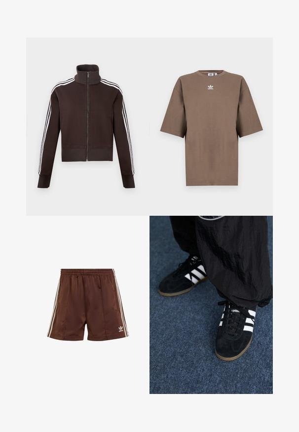 Braune Reißverschlussjacke mit hohem Kragen, weißen Seitenstreifen sowie gerippten Bündchen und Saum. Weicher Stoff mit figurbetontem Schnitt.; Braunes Baumwoll-T-Shirt mit kurzen Ärmeln, Rundhals und weißem Adidas-Logo, das zentral auf der Brust platziert ist. Das Design ist schlicht und der Schnitt ist locker.; Braune Sportshorts aus glattem Stoff mit lockerer Passform, die weiße seitliche Streifen und ein besticktes Logo am unteren linken Saum aufweisen.; Schwarze Wildleder-Sportschuhe mit drei weißen Streifen und schwarzen Schnürsenkeln. Eine strukturierte schwarze Hose ist teilweise neben den Schuhen sichtbar.