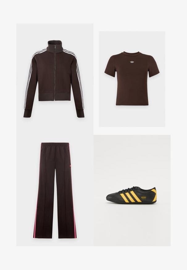 Brun lynlåsjakke med høj krave, der har hvide side striber og ribstrikkede manchetter og kant. Blødt stof med en tætsiddende pasform.; Brun tætsiddende t-shirt med korte ærmer og et lille hvidt Adidas-logo centreret under halsudskæringen.; Sorte atletikbukser med lyserøde sidelister, elastisk talje, lynlåslommer og Adidas-logo på venstre lår.; Sort lædersportssko med gult tre-stribe design, rund tå, sorte snørebånd og lille logo på siden. Lavprofil silhuet.