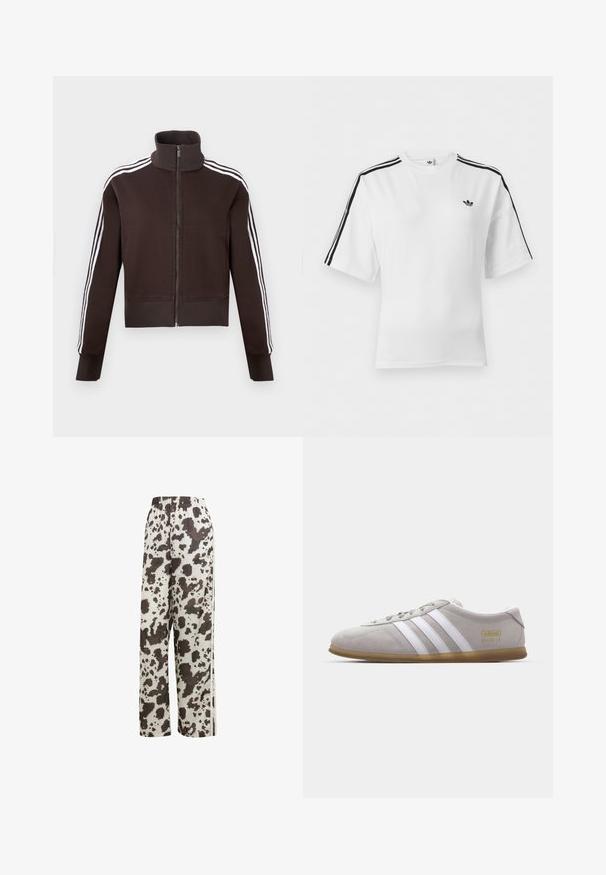Chaqueta marrón con cremallera y cuello alto, con rayas laterales blancas y puños y dobladillo acanalados. Tejido suave con un diseño ajustado.; Camiseta Adidas blanca de manga corta con detalles de tres rayas negras en los hombros y el logo trefoil de Adidas en el pecho izquierdo.; adidas Originals COW PRINT SATIN WIDE LEG - Pantalones deportivos - multicolor off white; Zapatilla de ante gris con rayas de cuero blanco y detalle del logo en dorado. Suela plana de goma, punta redondeada y diseño clásico de cierre con cordones.