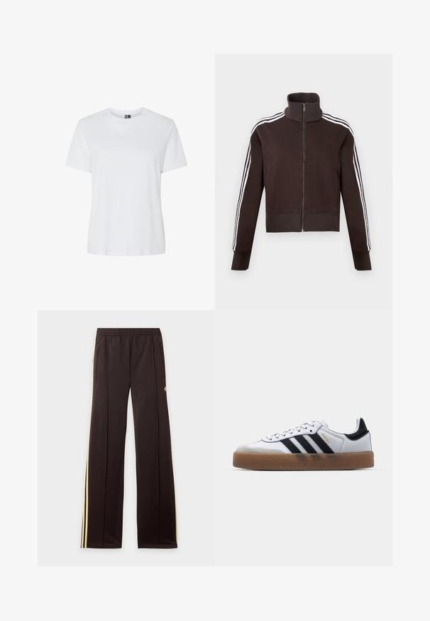 Veste marron à fermeture éclair avec col montant, dotée de bandes blanches sur les côtés et de poignets et ourlet côtelés. Tissu doux avec une coupe ajustée.; T-shirt blanc uni à manches courtes et col rond, présenté sur fond blanc sans motifs ni logos visibles.; Pantalon de survêtement noir avec des bandes latérales jaunes, taille élastique, poches latérales zippées et un petit logo sur la partie supérieure de la cuisse.; Baskets en cuir blanc avec des rayures noires, semelle extérieure en caoutchouc beige, bout rond, fermeture lacée et embout en suède gris doux.