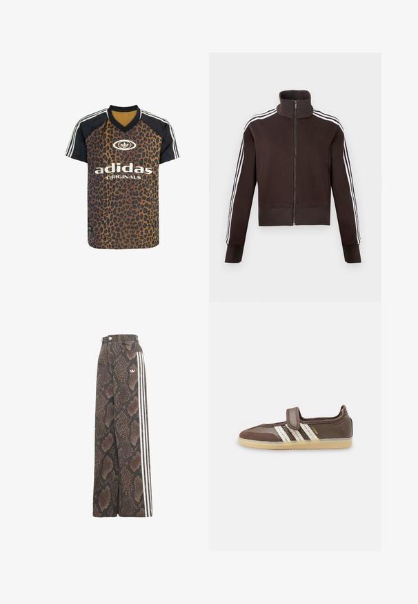 Braune Reißverschlussjacke mit hohem Kragen, weißen Seitenstreifen sowie gerippten Bündchen und Saum. Weicher Stoff mit figurbetontem Schnitt.; adidas Originals LEO PRINT SATIN - T-Shirt print - multicolor bronze strata; Weit geschnittene Hose mit braun-schwarzem Schlangenhautmuster, mit weißem dreistreifigem Seitendetail und Adidas Trefoil-Logo an der Hüfte.; Brauner Sneaker mit beiger Gummisohle, drei weißen Streifen an der Seite und einem einzelnen Klettverschluss oben.