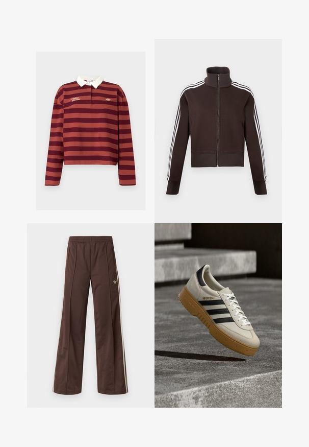Brun lynlåsjakke med høj krave, der har hvide side striber og ribstrikkede manchetter og kant. Blødt stof med en tætsiddende pasform.; Maroone og rustfarvet stribet langærmet polo skjorte med hvid krave, der har guldbroderet branding og et lille logo på brystet.; Brune atletiske bukser med vidde ben, hvide striber på siden, elastisk linning og to sidelommer. Har et lille logo på benet.; Beige ruskindsneaker med sorte striber, hvide snørebånd og en gummisål i naturfarve. Har "SPEZIAL"-mærkning på siden.