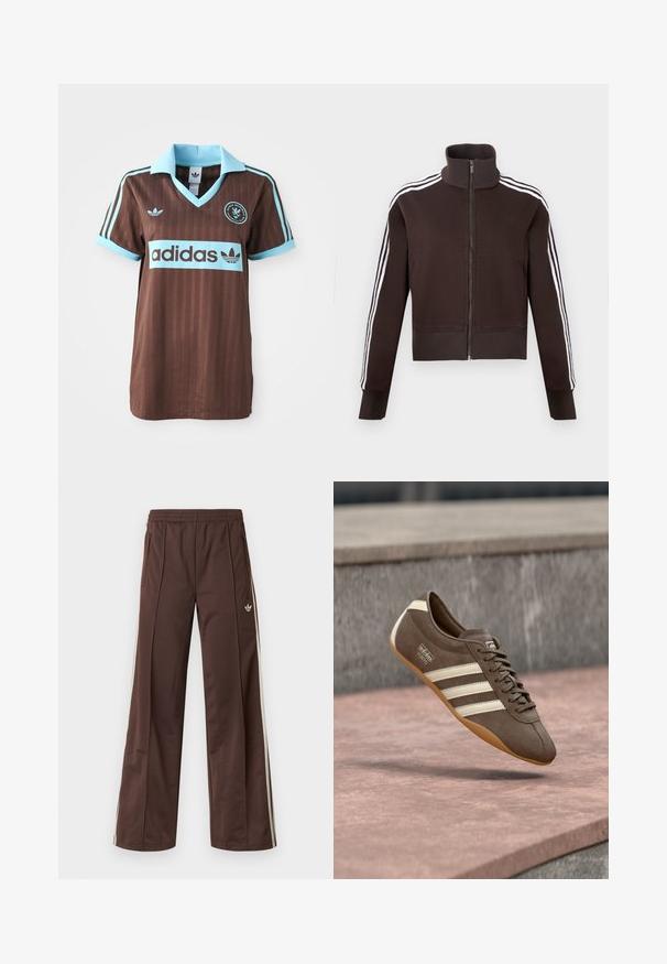 Brun lynlåsjakke med høj krave, der har hvide side striber og ribstrikkede manchetter og kant. Blødt stof med en tætsiddende pasform.; Brun atletisk trøje med en lyseblå krave og stribede accenter. "Adidas" logoet er iøjnefaldende placeret på brystet.; Brune atletiske bukser med vidde ben, hvide striber på siden, elastisk linning og to sidelommer. Har et lille logo på benet.; Brun ruskindssneaker med hvide striber og branding, med rund tå og ydersål af gummibelagt gummi, hængende over en struktureret overflade.