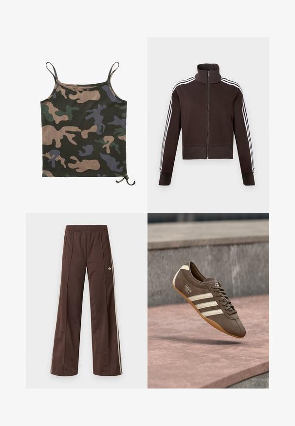 Braune Reißverschlussjacke mit hohem Kragen, weißen Seitenstreifen sowie gerippten Bündchen und Saum. Weicher Stoff mit figurbetontem Schnitt.; Brandit Top - darkcamo; Braune Sporthose mit weitem Bein, weißen Seitenstreifen, elastischem Bund und zwei Seitentaschen. Mit kleinem Logo am Bein.; Brauner Wildledersneaker mit weißen Streifen und Branding, ausgestattet mit einer abgerundeten Zehenpartie und einer Gummisohle, schwebt über einer strukturierten Oberfläche.