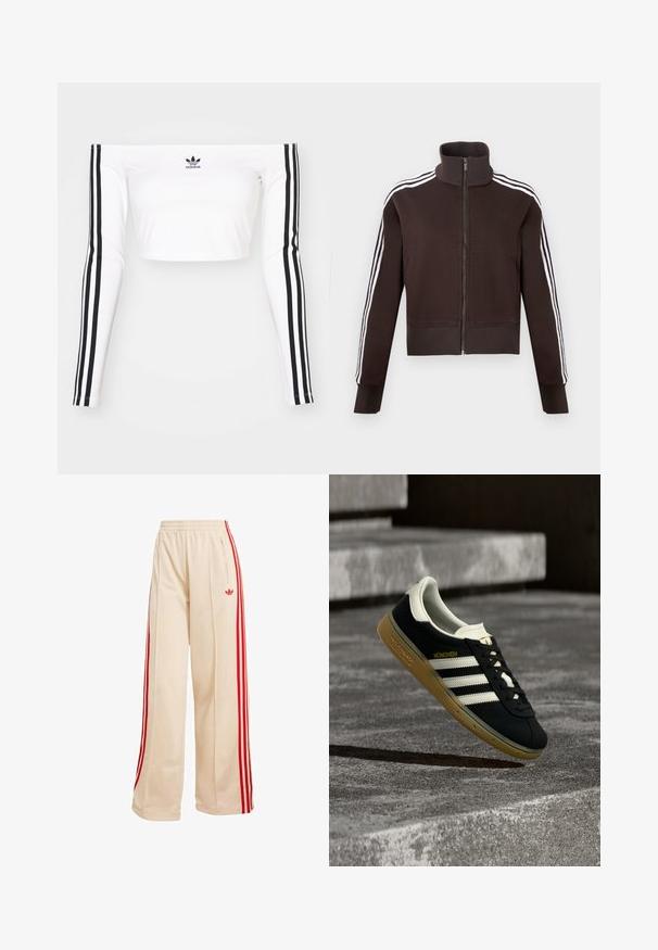 Chaqueta marrón con cremallera y cuello alto, con rayas laterales blancas y puños y dobladillo acanalados. Tejido suave con un diseño ajustado.; Top corto blanco de manga larga y sin hombros en tejido elástico. Presenta acentos en negro con tres rayas en las mangas y un pequeño logo negro en el pecho.; Pantalones deportivos beige de pierna ancha con cintura elástica, franjas laterales rojas, bolsillo con cremallera y logotipo rojo de Adidas Trefoil en el muslo derecho.; Zapatilla negra Adidas München con rayas blancas y suela de goma flotando sobre escalones de concreto texturizado.