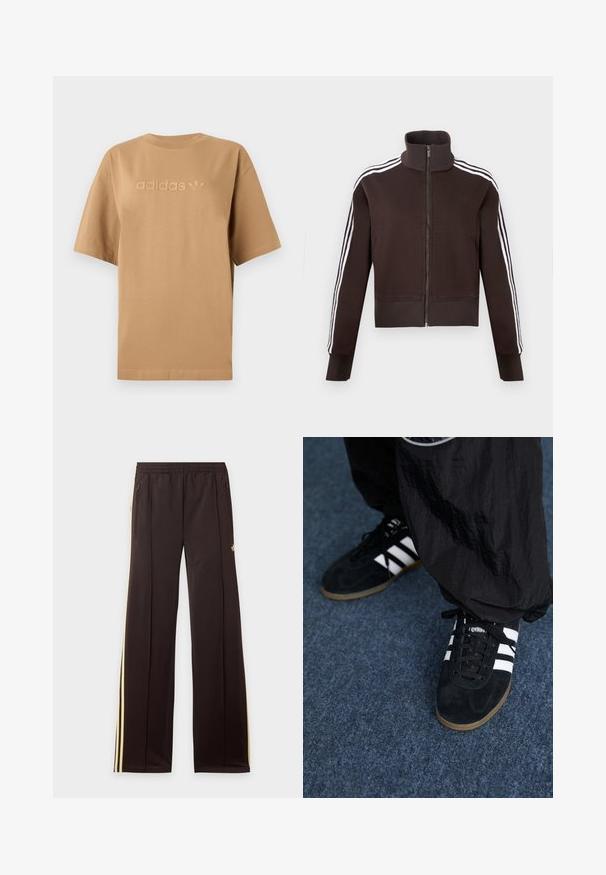 Brun lynlåsjakke med høj krave, der har hvide side striber og ribstrikkede manchetter og kant. Blødt stof med en tætsiddende pasform.; Brun bomulds-T-shirt med korte ærmer og rund halsudskæring. Har opstående "adidas" logo og trefoil-emblem i en matchende tone.; Sorte træningsbukser med gule sidelister, elastisk taljebånd, lynlåslommer i siderne og en lille logo på den øvre lår.; Sorte suedetrainingssko med tre hvide striber og sorte snørebånd. Et tekstureret sort bukser er delvist synligt ved siden af skoene.
