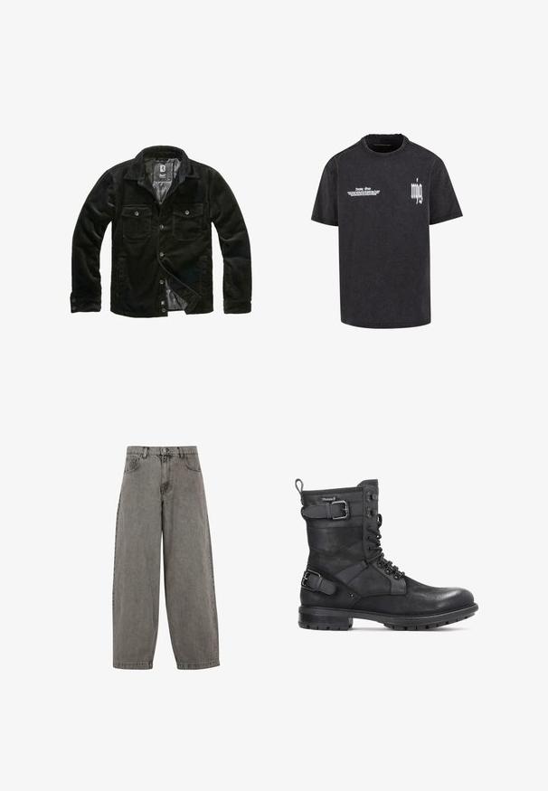 Veste en velours côtelé noir avec col, deux poches poitrine, fermeture à boutons et tissu texturé. Doublure intérieure lisse, design décontracté.; T-shirt en coton noir avec col rond, manches courtes, et texte graphique blanc à l'avant. Texture usée ajoutant de la profondeur.; Pantalon en denim gris avec taille haute, jambes larges, design classique à cinq poches et fermeture à bouton à l'avant. Fini légèrement texturé.; Kazar HEARD - Bottines de cowboy / motard - black