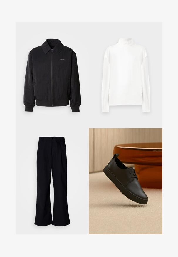 Μαύρο bomber jacket με φερμουάρ και υφή, μεγάλο γιακά, ελαστικούς καρπούς και μέση. Διαθέτει διακριτική λεπτομέρεια λογότυπου στο στήθος.; Λευκή μακριά μπλούζα με μανίκια και λαιμόκοψη τύπου τσόκερ, με λεία υφή, που διαθέτει ψηλό λαιμό και ραφές στους ώμους για άνετη εφαρμογή.; Μαύρο παντελόνι με φαρδιά πόδια από βαμβάκι, με πτυχές μπροστά, που διαθέτει κουμπί κλεισίματος και θηλιές ζώνης, λεία υφή και χωρίς ορατά σχέδια.; Μαύρο casual αθλητικό παπούτσι από δέρμα με κορδόνια, αιωρούμενο πάνω από μπεζ χαλί, με πορτοκαλί στρογγυλό γυάλινο τραπέζι στο φόντο.