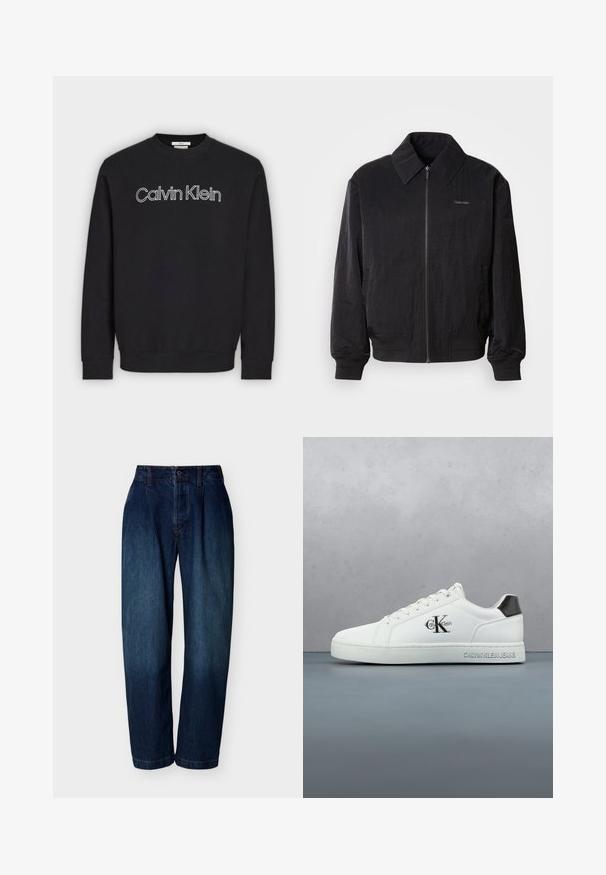 Veste bomber noire zippée en tissu texturé, avec un grand col, des poignets élastiques et une taille élastique. Présente un petit logo sur la poitrine.; Sweat-shirt noir à manches longues avec col rond et logo « Calvin Klein » en contour blanc centré sur la poitrine, poignets et ourlet côtelés.; Jean droit taille haute bleu foncé avec fermeture par bouton et fermeture éclair, passants de ceinture et détails de couture subtils sur fond blanc.; Baskets en cuir blanc à finition lisse, design à lacets, bout arrondi et accent talon noir contrastant. Semelle en caoutchouc offrant une bonne adhérence.