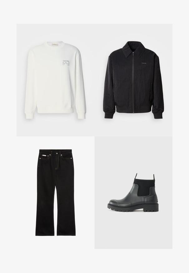 Veste bomber noire zippée en tissu texturé, avec un grand col, des poignets élastiques et une taille élastique. Présente un petit logo sur la poitrine.; Sweatshirt en coton blanc à manches longues, col rond et logo imprimé sur la poitrine, avec des poignets et un ourlet côtelés.; Jean noir droit avec coutures orange, cinq poches, fermeture par bouton, et une petite étiquette Calvin Klein sur la poche avant droite.; Bottines noires en caoutchouc avec une finition mate, présentant un design épuré, des panneaux élastiques et une semelle épaisse pour une meilleure traction.