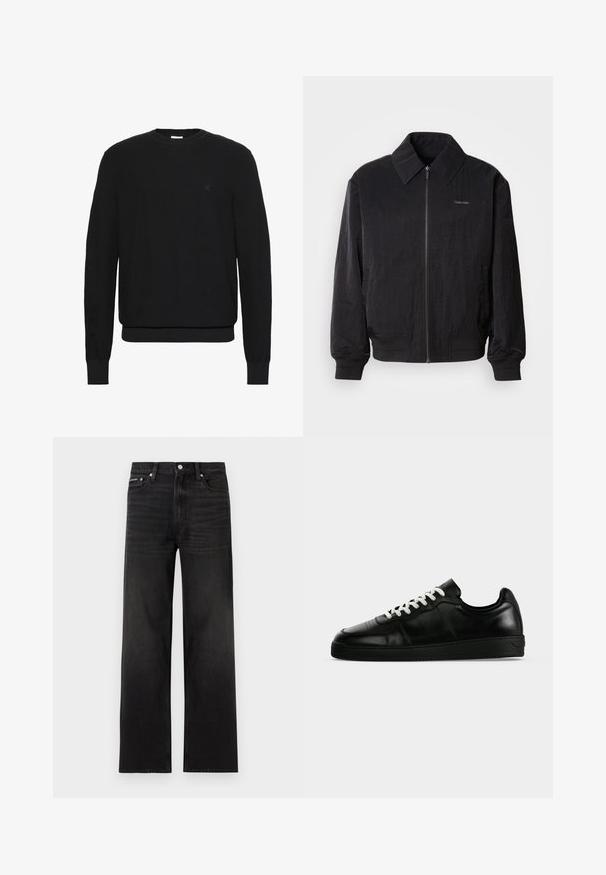 Veste bomber noire zippée en tissu texturé, avec un grand col, des poignets élastiques et une taille élastique. Présente un petit logo sur la poitrine.; Pull noir en maille à manches longues avec col rond, poignets et ourlet côtelés, présentant un petit logo discret sur le côté gauche de la poitrine.; Jean noir droit avec cinq poches, passants pour ceinture et fermeture par bouton, présenté sur un fond blanc.; Baskets basses en cuir noir avec lacets blancs, semelle plate noire et détails subtils de couture, visibles de profil sur un fond gris.