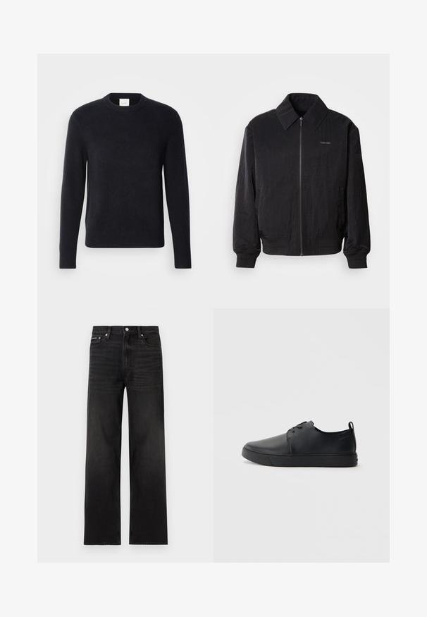 Veste bomber noire zippée en tissu texturé, avec un grand col, des poignets élastiques et une taille élastique. Présente un petit logo sur la poitrine.; Pull à col rond bleu marine fabriqué en tissu tricoté doux. Il présente des manches longues ainsi que des poignets et un ourlet côtelés pour une coupe ajustée.; Jean noir droit avec cinq poches, passants pour ceinture et fermeture par bouton, présenté sur un fond blanc.; Baskets en cuir noir avec une finition lisse, bout arrondi, coutures ton sur ton, devant à lacets et semelle plate en caoutchouc. Anse au talon.