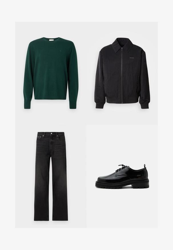 Μαύρο bomber jacket με φερμουάρ και υφή, μεγάλο γιακά, ελαστικούς καρπούς και μέση. Διαθέτει διακριτική λεπτομέρεια λογότυπου στο στήθος.; Σκούρο πράσινο, μακρυμάνικο πουλόβερ φτιαγμένο από μαλακό ύφασμα πλέξη. Διαθέτει στρογγυλή λαιμόκοψη και διακριτική λεπτομέρεια λογοτύπου στο στήθος.; Μαύρα τζιν με ευθεία γραμμή, σχεδίαση πέντε τσεπών, θηλιές για ζώνη και κλείσιμο με κουμπί, παρουσιασμένα σε λευκό φόντο.; Μαύρο γυαλιστερό δερμάτινο παπούτσι με κορδόνια, χοντρή ελαστική σόλα και χαμηλό τακούνι, με πλαϊνό λογότυπο "SAMSOE" και πίσω ταινία τράβηγματος.