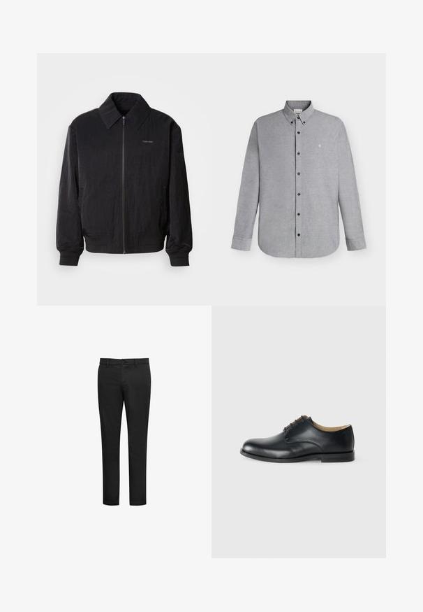 Μαύρο bomber jacket με φερμουάρ και υφή, μεγάλο γιακά, ελαστικούς καρπούς και μέση. Διαθέτει διακριτική λεπτομέρεια λογότυπου στο στήθος.; Φωτεινό γκρι πουκάμισο με μακριά μανίκια και κουμπιά, γιακάς με κουμπιά και μικρό κέντημα λογότυπου "cK" στο αριστερό στήθος.; Μαύρο παντελόνι από υφασμάτινο μείγμα βαμβακιού, με στενή εφαρμογή, επίπεδη μπροστινή όψη και κλείσιμο με κουμπί. Χωρίς εμφανή μοτίβα ή διακοσμητικά στοιχεία.; Calvin Klein ESS DERBY - Παπούτσια με κορδόνια - triple black