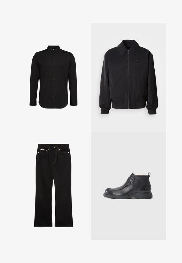 Mustast zip-up bomber-jaki, millel on tekstuuriga kangas, suur krae, elastsed mansetid ja vöökoht. Omab diskreetset logo detaili rinnal.; Must pikkade varrukatega särk, valmistatud siledast kangast, millel on terav krae, nööpidega esikinnis ja väike logo rinnal.; Mustad sirgelõikelised teksad oranži õmblusega, viis taskut, nööpkinnitus ja väike Calvin Kleini silt ees paremal taskul.; Mustad nahkjalatsid, ümarate varvastega, nöörimisega disain ja taga tõmbeosa. Tekstuuriga pealisosa ja kummist tald.