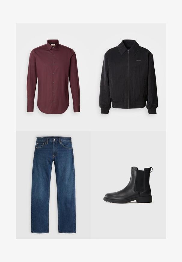 Sort zippered bomberjakke med struktureret stof, stor krave, elastiske manchetter og talje. Har diskret logo-detail på brystet.; Calvin Klein SLIM - Skjorter - bordeaux; Blå denimjeans med lige ben, fem-lomme-design og detaljer med orange syning. Stoffet har en glat tekstur og rig farve.; Sort læder ankelstøvle med elastiske sidepaneler, træksnor ved hælen og lav bloksål mod en ensfarvet baggrund.
