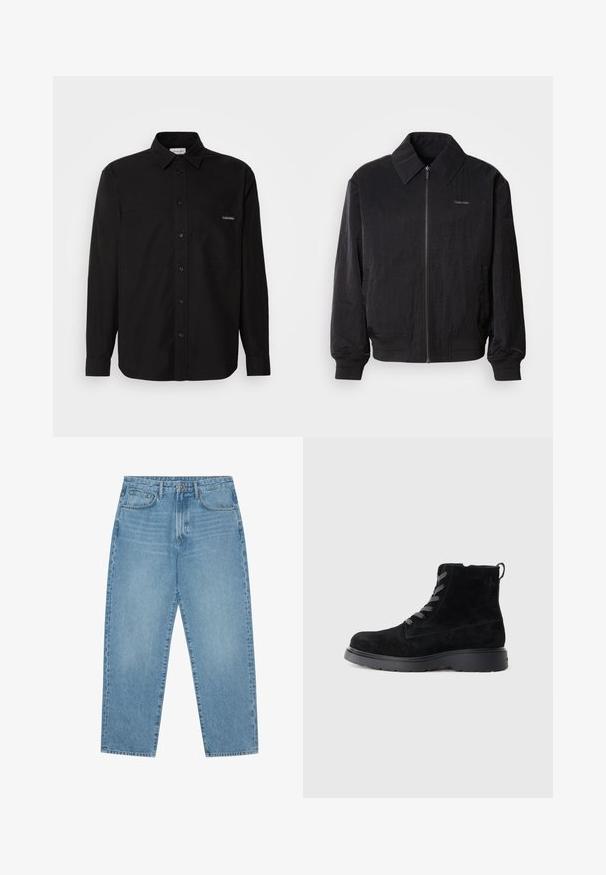 Μαύρο bomber jacket με φερμουάρ και υφή, μεγάλο γιακά, ελαστικούς καρπούς και μέση. Διαθέτει διακριτική λεπτομέρεια λογότυπου στο στήθος.; Μαύρο μακρυμάνικο πουκάμισο από βαμβάκι, με κουμπάκι μπροστά, δύο τσέπες στο στήθος και ένα μικρό λογότυπο στην αριστερή τσέπη.; Τζιν παντελόνι από ανοιχτό μπλε ντένιμ με ίσια γραμμή, σχεδιασμό με πέντε τσέπες και ελαφρώς ξεβαμμένη υφή. Διαθέτει κλείσιμο με κουμπί και φερμουάρ.; Μαύρες σουέτ μπότες αστραγάλου με υφή, στρογγυλή μύτη, γκρι κορδόνια και βαριά μαύρη σόλα. Διαθέτει μια μικρή ταινία στο πίσω μέρος.