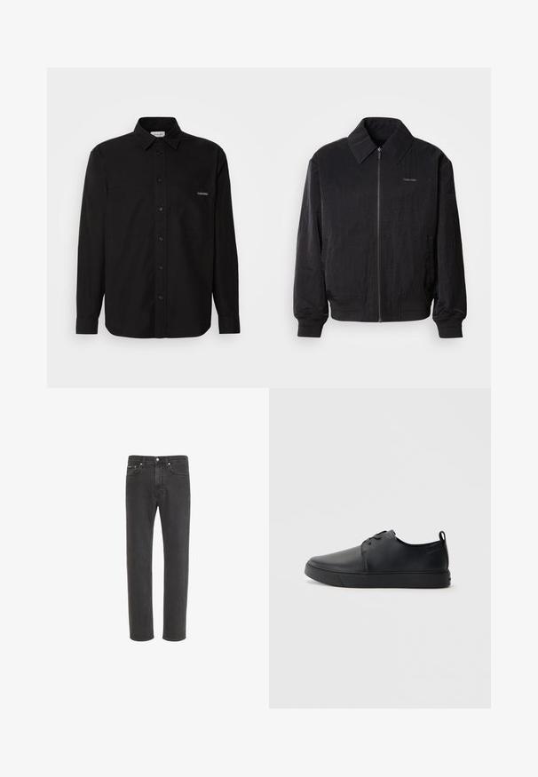 Μαύρο bomber jacket με φερμουάρ και υφή, μεγάλο γιακά, ελαστικούς καρπούς και μέση. Διαθέτει διακριτική λεπτομέρεια λογότυπου στο στήθος.; Μαύρο μακρυμάνικο πουκάμισο από βαμβάκι, με κουμπάκι μπροστά, δύο τσέπες στο στήθος και ένα μικρό λογότυπο στην αριστερή τσέπη.; Μαύρο τζιν με ίσια γραμμή, με μπροστινό κούμπωμα με κουμπιά και φερμουάρ, μπροστινές και πίσω τσέπες, παρουσιασμένο σε λευκό φόντο.; Μαύρο δερμάτινο αθλητικό παπούτσι με λεία επιφάνεια, στρογγυλή μύτη, τονικό ράψιμο, κορδόνια μπροστά και επίπεδη καουτσούκ σόλα. Βρόχος στην πτέρνα.