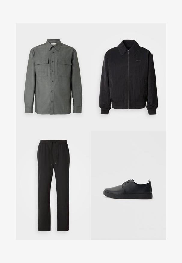 Μαύρο bomber jacket με φερμουάρ και υφή, μεγάλο γιακά, ελαστικούς καρπούς και μέση. Διαθέτει διακριτική λεπτομέρεια λογότυπου στο στήθος.; Γκρι πουκάμισο με κουμπιά, διαθέτει σταθερό γιακά, δύο τσέπες στο στήθος και μακριά μανίκια με κουμπιά στις μανσέτες· υφή υφάσματος με ανάγλυφο φινίρισμα.; Μαύρο παντελόνι φόρμας από ελαφρύ ύφασμα, με ελαστική μέση και ρυθμιζόμενα κορδόνια, καθώς και πλάγιες τσέπες. Απαλή υφή.; Μαύρο δερμάτινο αθλητικό παπούτσι με λεία επιφάνεια, στρογγυλή μύτη, τονικό ράψιμο, κορδόνια μπροστά και επίπεδη καουτσούκ σόλα. Βρόχος στην πτέρνα.