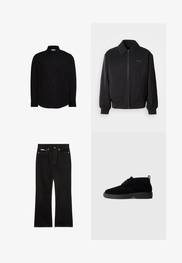 Veste bomber noire zippée en tissu texturé, avec un grand col, des poignets élastiques et une taille élastique. Présente un petit logo sur la poitrine.; Chemise noire à manches longues avec boutons, fabriquée en tissu lisse. Elle présente un col classique, une patte de boutonnage à l'avant, et un petit logo sur la poitrine.; Jean noir droit avec coutures orange, cinq poches, fermeture par bouton, et une petite étiquette Calvin Klein sur la poche avant droite.; Bottines en suédine noire à bout rond, à lacets, avec une semelle en caoutchouc noire et une languette à l'arrière pour un enfilage facile.
