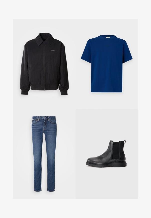 Veste bomber noire zippée en tissu texturé, avec un grand col, des poignets élastiques et une taille élastique. Présente un petit logo sur la poitrine.; T-shirt bleu uni à manches courtes avec col rond et petit logo discret centré sur la poitrine, sur un fond uni.; Jean en denim bleu avec une coupe droite, présentant un agencement classique à cinq poches et des accents en cuivre au niveau de la taille et des poches.; Bottes Chelsea en cuir noir avec une finition texturée, des panneaux latéraux élastiques et une semelle en caoutchouc robuste. Branding subtil sur le talon.