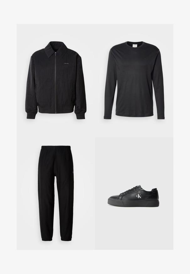 Cazadora bomber negra con cremallera y tela texturizada, gran cuello, puños elásticos y cintura ajustable. Presenta un sutil detalle del logo en el pecho.; Camisa negra de manga larga y cuello redondo de Calvin Klein con pequeño logo CK en el lado izquierdo del pecho, mostrada sobre un fondo blanco liso.; Pantalones de chándal negros con cintura elástica, piernas ajustadas y dobladillos. Textura de tela suave. Detalle del logo en un lado.; Zapatilla de cuero negro con punta redondeada, suela negra plana y cordones tonales. Presenta un logo plateado en el costado, con una textura suave en toda su superficie.