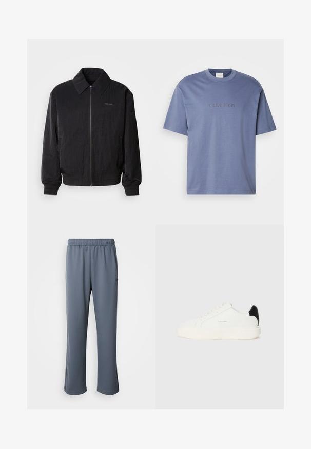 Μαύρο bomber jacket με φερμουάρ και υφή, μεγάλο γιακά, ελαστικούς καρπούς και μέση. Διαθέτει διακριτική λεπτομέρεια λογότυπου στο στήθος.; Μπλε βαμβακερή μπλούζα T-shirt με στρογγυλή λαιμόκοψη, κοντά μανίκια και διακριτό λογότυπο Calvin Klein κεντημένο μπροστά. Απαλή υφή.; Γκρι φόρμες με ελαστική μέση, πλάγιες τσέπες και άνετη γραμμή. Φτιαγμένες από μαλακό ύφασμα με λεία υφή και χωρίς ορατά σχέδια.; Λευκά δερμάτινα αθλητικά παπούτσια με μαύρη λεπτομέρεια στη φτέρνα, διαθέτουν στρογγυλή μύτη, επίπεδους κορδόνια και παχύ λευκό πάτο. Το λογότυπο της Calvin Klein εμφανίζεται.
