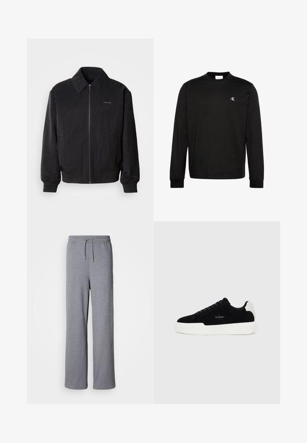 Mustast zip-up bomber-jaki, millel on tekstuuriga kangas, suur krae, elastsed mansetid ja vöökoht. Omab diskreetset logo detaili rinnal.; Must seljaosa pika varrukaga särk, millel on vasakul rinnal väike valge "cK" logo ja soonikkoes mansetid.; Hallid hallid laiad dressipüksid pehmest materjalist; omaduseks on elastne vöökoht koos sidumisnööriga ja taskute puudumine. Lihtne, kaunistusteta disain.; Mustad mustad tossussneaker valge tallaga ja kontsaabiga, nööbid ees, ja Calvin Kleini logo küljel.